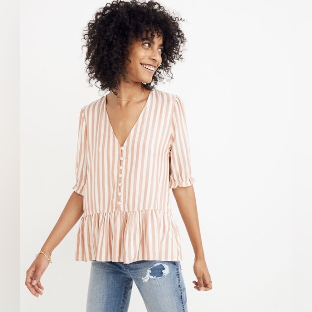 Madewell Courtyard Feminine Ruffle Hem Stripe Top Pink Peach Women’s Size XS